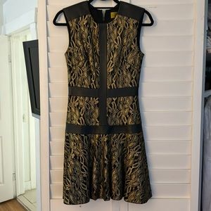 Nicole Miller Black leather and gold brocade dress